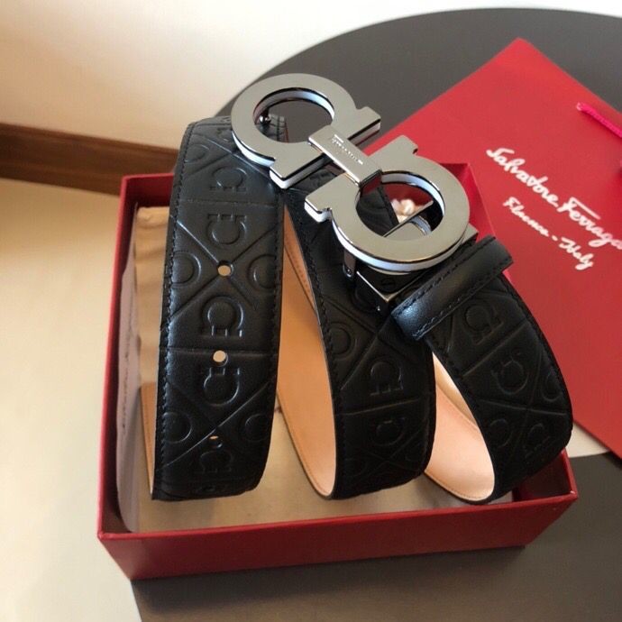 Ferragamo Men s 3.5cm exquisite metal three-layer buckle cowhide embossed bottom belt