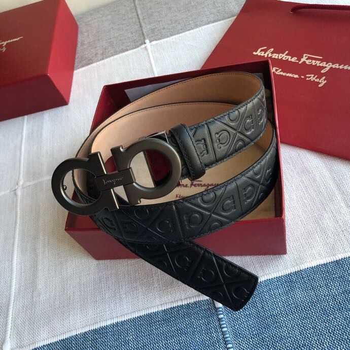 Ferragamo Men s 3.5cm exquisite horseshoe metal buckle cowhide embossed bottom belt