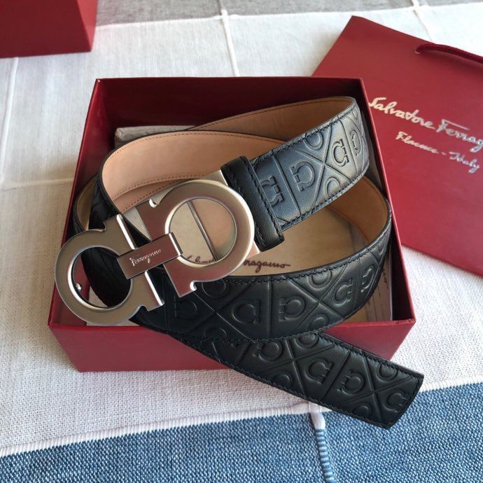 Ferragamo Men s 3.5cm exquisite horseshoe metal buckle cowhide embossed bottom belt