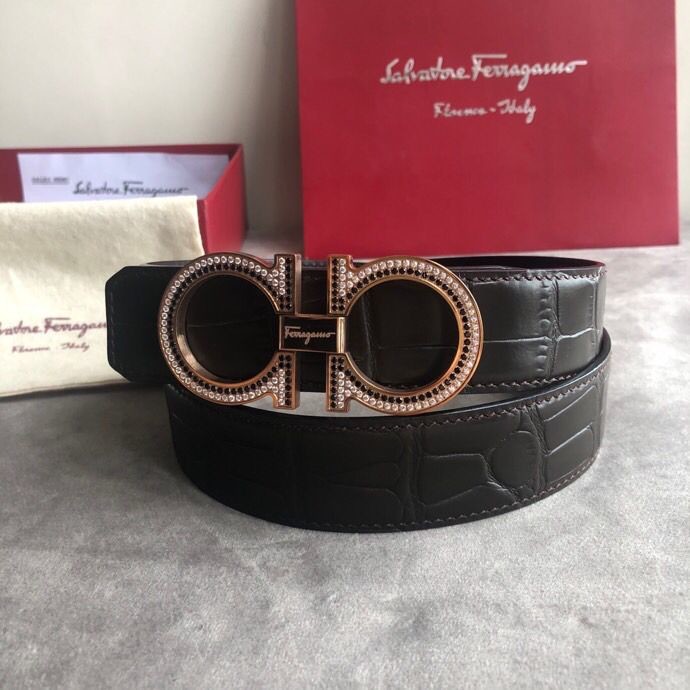 Ferragamo Men s 3.5cm stainless steel rose gold buckle leather embossed crocodile pattern belt