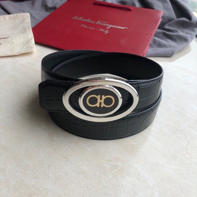 Ferragamo Men s 3.5cm stainless steel flip resin buckle leather embossed crocodile pattern belt