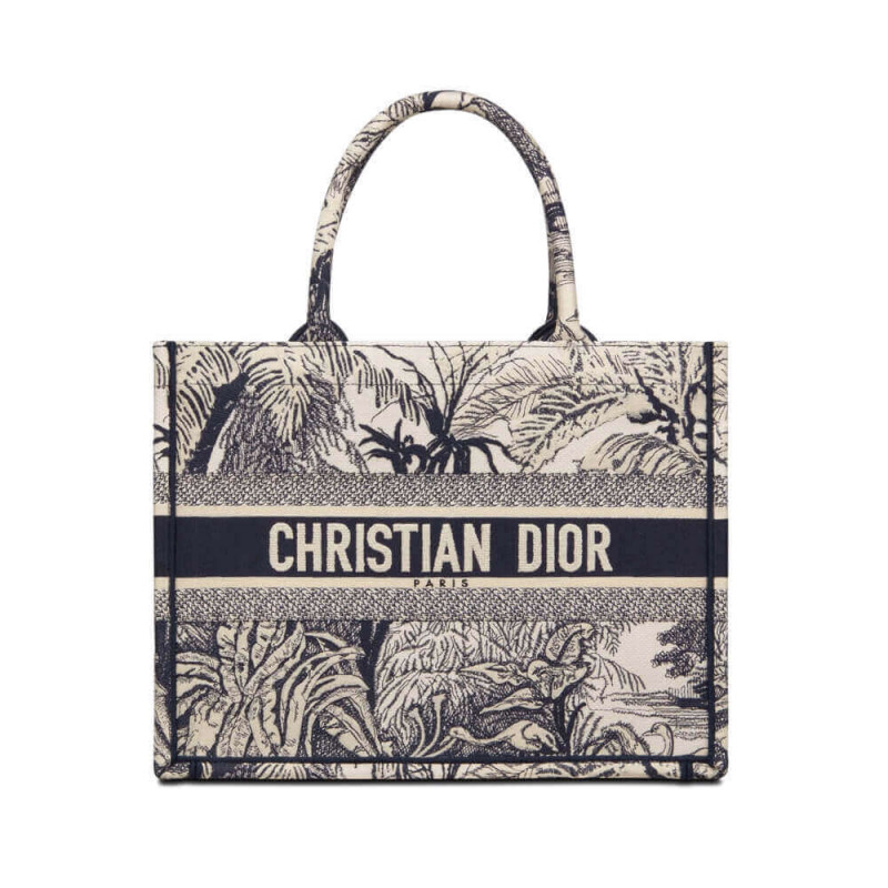 Dior Small Book Tote Blue Toile de Jouy Palms Embroidery M1296