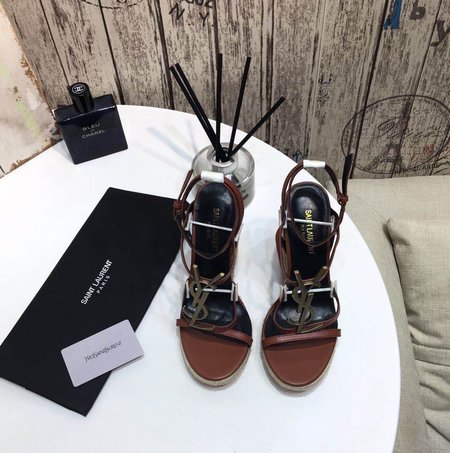 Saint Laurent YSL-CASSANDRA Logo Letter Buckle High-heeled Straw Woven Leather Wedges