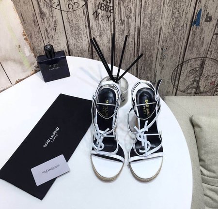 Saint Laurent YSL-CASSANDRA Logo Letter Buckle High-heeled Straw Woven Leather Wedges