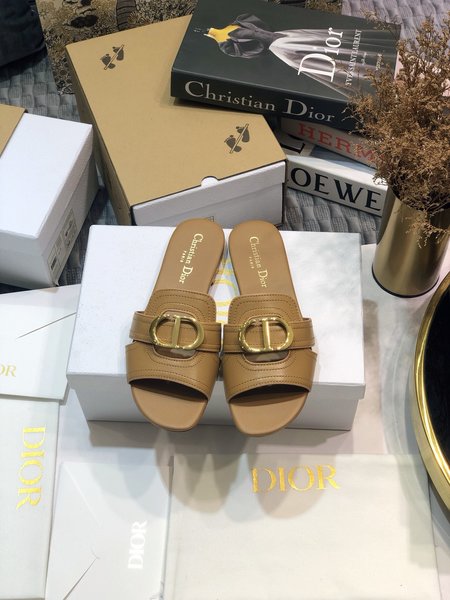Dior CD Letter Metal Logo Flat Hollow Sandals Round Toe Thick Heel Jelly Slippers