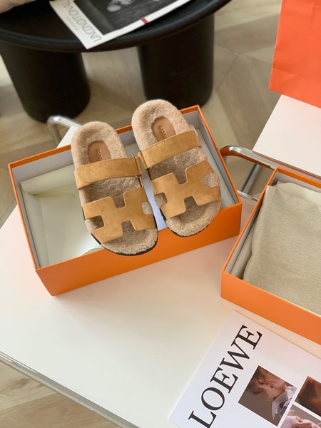 Hermes Teddy Fury lamb hair calfskin sandals slippers