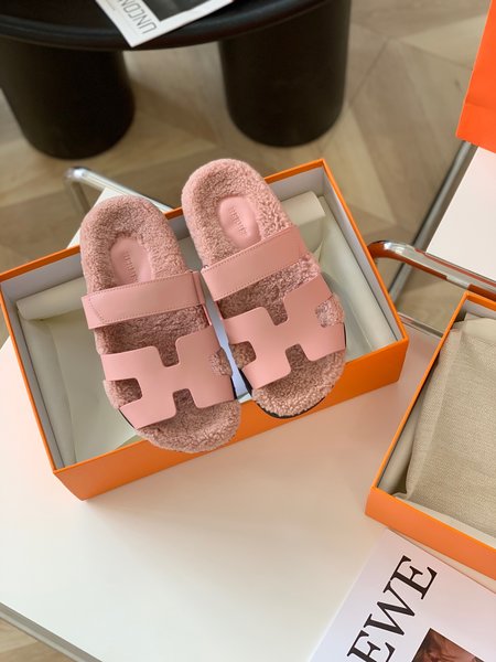 Hermes Teddy Fury lamb hair calfskin sandals slippers