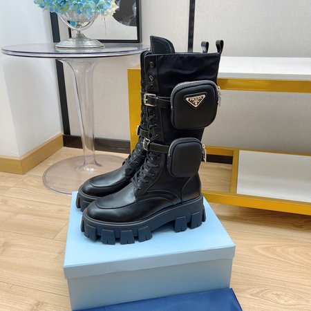 Prada Monolith strap middle boots Logo zipper pouch detachable cowhide inner cowhide