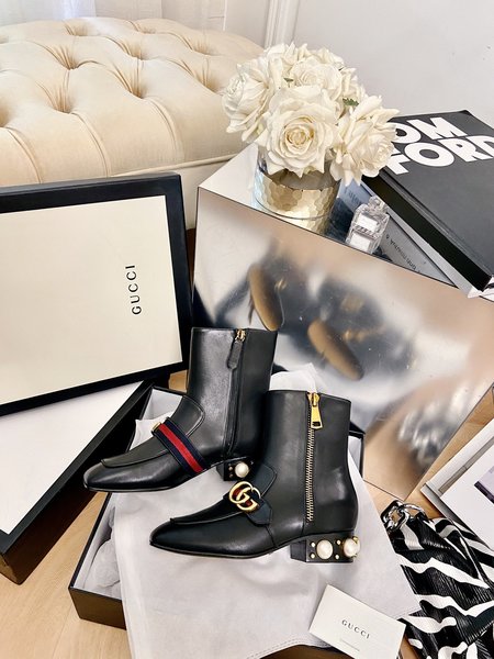 Gucci Boots Grained Lambskin Edition Nylon Mesh 3cm Kitten Heels