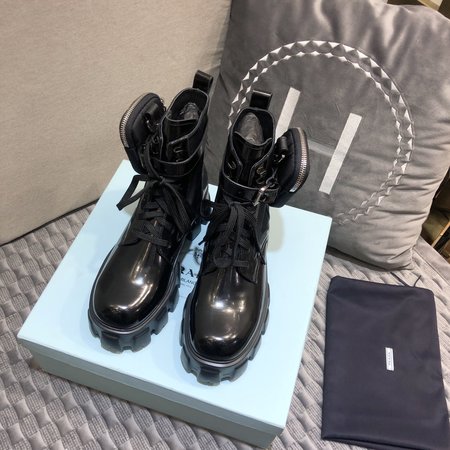 Prada Thick-soled lace-up Martin boots triangle logo leather + nylon cloth + nylon pouch (removable) sole thickness 6cm