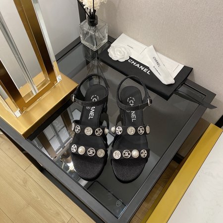 Chanel Sandals in Cotton Tweed with Jeweled Badge