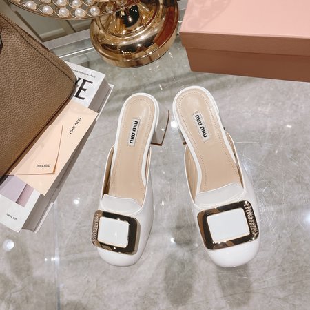 Miu Miu round toe square buckle slippers