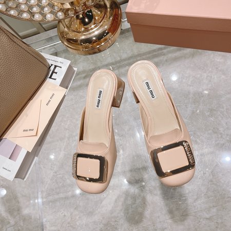 Miu Miu round toe square buckle slippers