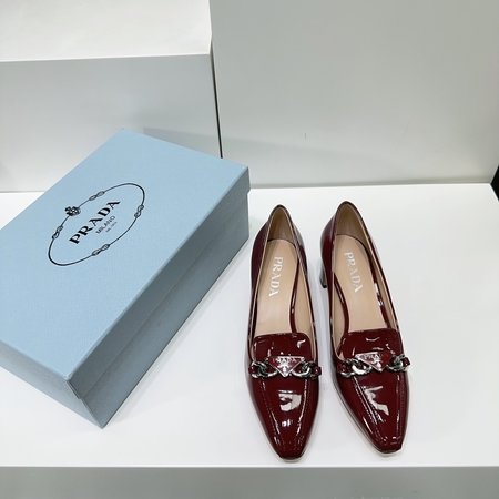 Prada Triangle logo hardware buckle unisex retro thick heel women s shoes